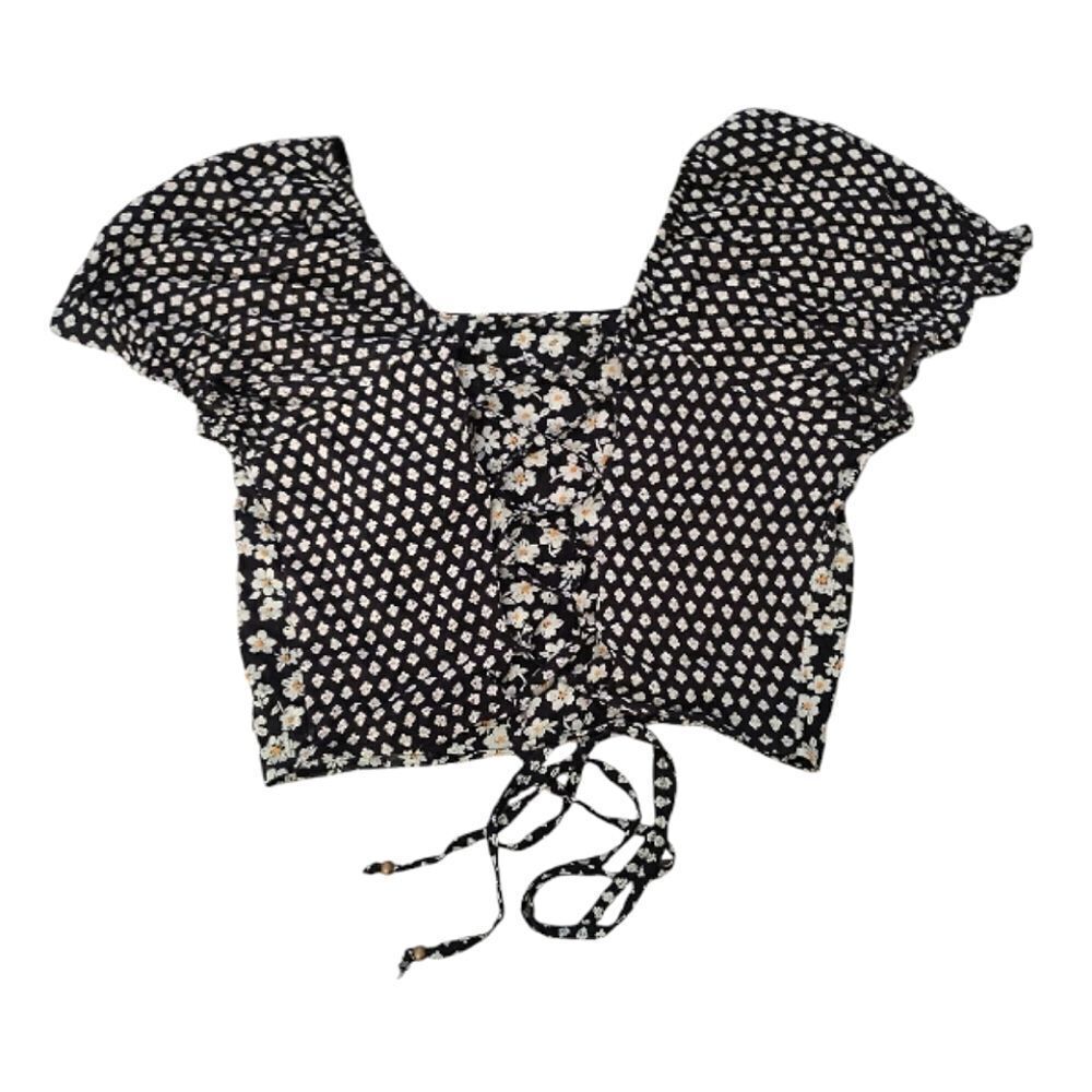 Angie Black Floral Lace Up Back Boho Cropped Top Medium - Picture 9 of 10